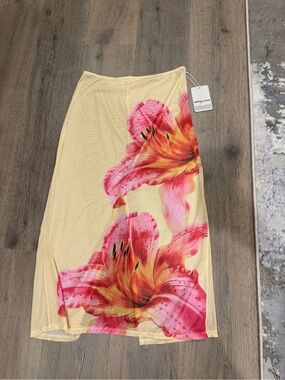 Yellow Mesh Maxi Skirt with Pink Floral Print